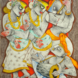 Uttam Manna: 'tune of love', 2024 Acrylic Painting, Dance. Artist Description: This picture is painted on tribal culture of West Bengal in India here tribal boys and girls are singing and dancing. ...