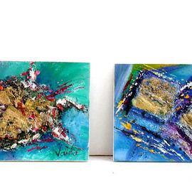Valda Fitzpatrick: 'ocean finds', 2019 Oil Painting, Impressionism. Artist Description: Artwork Description These miniature abstract oil paintings are 3x4 inch size each. They are great for groupings in small size areas. They might look small , but when displayed, look very eye catching. the paintings are textured with different sculpted shapes, that I designed , adding touches of gold. Fine ...