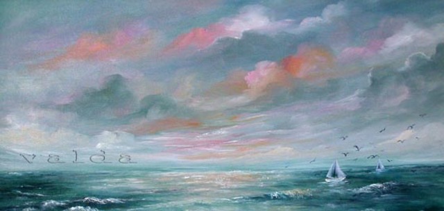 Artist Valda Fitzpatrick. 'Ocean Scene With Two Sailboats' Artwork Image, Created in 2019, Original Painting Oil. #art #artist