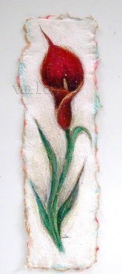 Valda Fitzpatrick: 'red calla lily', 2019 Paper, Abstract. This collection is designed by making my own handmade paper, which i start with a collection of material mostly found in my flower garden, which are dried, ground and added to the pulp.  Lastly some Spanish flax is added to form my sheets.When dry , they are ready for designing.  ...