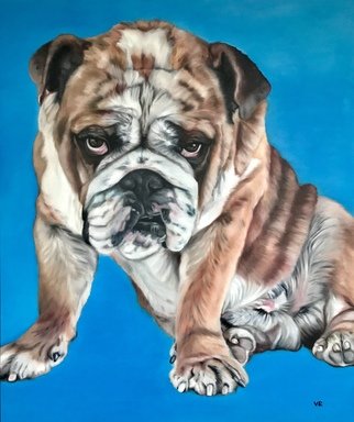 Valentina Andrees: 'blue arthur', 2020 Oil Painting, Animals. portrait of a dog in blue background...