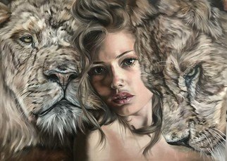 Valentina Andrees: 'queen of lions', 2020 Oil Painting, Animals. woman with 2 lions...