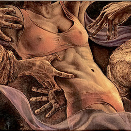 Vanko Tokusha: 'buffalo dance', 2022 Other, Figurative. Artist Description: drawing with fire, wood burning, pyrogravure, pyrography, engraving, encaustics, plywood, birch panel, woman, nudity, buffalo, dance, , nude, hands...