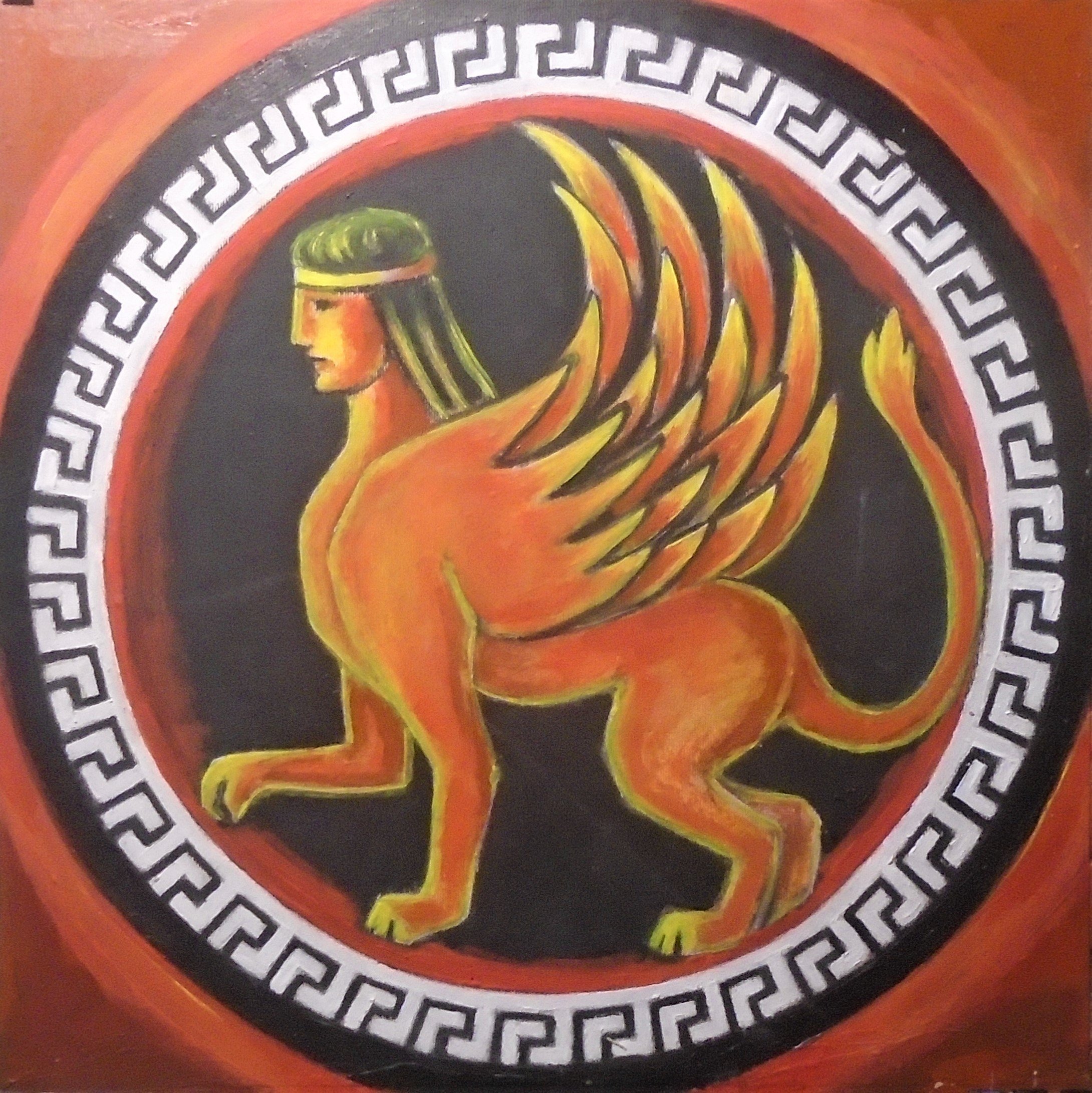 Varvara Vitkovska: 'Greek plate Sphinx', 2020 Acrylic Painting, Mythology. This work is inspired by the art of Ancient Greece, it is an attempt to understand the mysterious message. ...