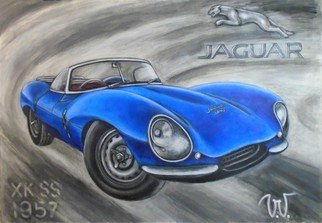 Varvara Vitkovska: 'jaguar xkss 1957', 2020 Acrylic Painting, Automotive. Jaguar is a great iconic car.  The Jaguar XKSS roadster was produced in 1957.  A total of 25 copies were produced, but during a fire nine of them burned down, so only 16 cars were released. ...