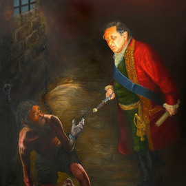 Vasily Zolottsev: 'I sucked shackles by blue hands  From Sergey Yesenin s poem  Pugachyov', 2012 Oil Painting, History. Artist Description:   Work is custom- made.Events of 1773 in Russia. Revolt under Yemelyan Pugachev's leadership.In a picture is represented the governor general of a city of Orenburg on a surname of Reynsdorp which offers the convict on a nickname of Hlopusha in exchange for freedom and money, ...