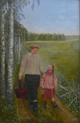 Vasily Zolottsev: 'True happiness', 1992 Oil Painting, Family.  Mother and her daughter - two loving hearts. Their souls are uniform with the nature surrounding them. The happiness it is a condition of internal harmony.  ...