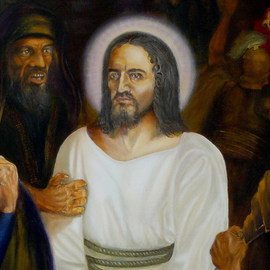 Vasily Zolottsev: 'You have told  Fragment', 2009 Oil Painting, Religious. Artist Description:   In this picture the culmination moment of the trial over Jesus Christ at highpriest Kaiafa has been impressed. In the center of the composition we see Christ, an ex- highprist Anna, gripped Christ by his rough hand, and Kaiafa, tearing his clothes. After some sterile interrogations His prosecutors ...