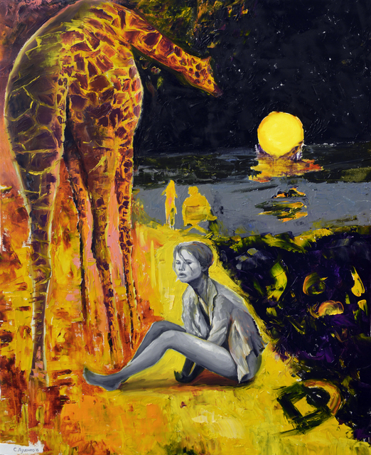 Artist Sergey Lutsenko. 'Giraffe And Lady' Artwork Image, Created in 2016, Original Painting Oil. #art #artist