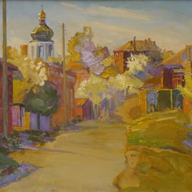 Victor Onyshchenko: 'starostryzhenska street', 2014 Oil Painting, Cityscape. Artist Description: Spring at Starostryzhenska street in Chernihiv. Sad and lyrical picture. ...