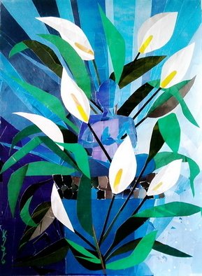 Vijaya Koteeswaran: 'Buddha of the Peace Lily', 2010 Collage, Buddhism.  Made with magazine paper and varnished with protective sealant, peace lilies and the serenity of the Buddha is a very calming artwork. The blue background builds the calming atmosphere and the rich green of the leaves represent the tranquility found in nature.  The white flowers of the peace lily portray...