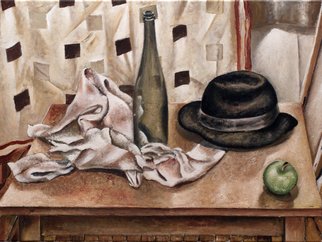 Vladimir Kezerashvili: 'Stii Life with Hat and Bottle', 2012 Oil Pastel, Still Life.  still life, fish, tomatoes, eggs, lemons, hat, bottle          ...