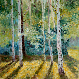 Vladimir Volosov: 'long shadows in the forest', 2016 Oil Painting, Landscape. Artist Description: This artwork is an textured oil painting on Nanvas stretched on a wooden frame, painted using a palette knife. I have been working on improving the texture of my paintings, and I think, in this picture, I have been able to show the results of that work. Bright ...