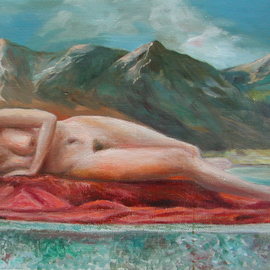 the girl lying on the red By Vladimir Volosov