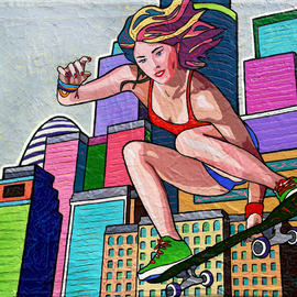 Vlado Vesselinov: 'over the city', 2019 Oil Painting, Urban. Artist Description: The work is inspired by the modern way of life, the tireless spirit, the belief in success, freedom and in yourself.The work was realized with author s technique with high quality French oil paints and high quality Italian acrylic paints.  The work has a certificate of authenticity.  ...