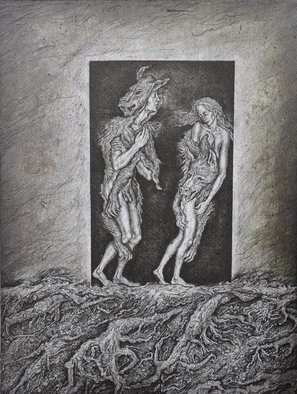 Leonid Stroganov: 'adam and eve', 2010 Lithograph, Biblical. The plot of the work is the exile from paradise ...