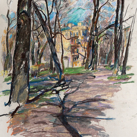 Leonid Stroganov: 'spring in the park', 2016 Pastel Drawing, Landscape. Artist Description: It is a spring view of the city park in St- Petersburg. It was painted on open- air. ...