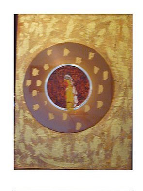 Randall Fox: 'Gold Splashed Memory of Theresa', 1997 Mixed Media, Inspirational.   large Alum. Memory disc. Oil paint on 1/ 4 mason board.  ...