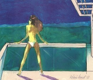 Artist: Harry Weisburd - Title: 3D  Bikini Babe on Home Deck, overlooking Green Valley - Medium: Watercolor - Year: 2011