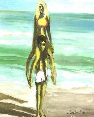 Harry Weisburd: 'Blonde in Red Bikini  Fun on the Beach', 2006 Watercolor, Beach.  Blonde babe in a Red Bikini on the shoulders of a guy having fun on the beach.Painting is Watercolor on canvas. ...