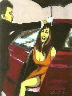 Harry Weisburd: 'Chauffeur With Umbrella   3D', 2012 Watercolor, Representational.      Female , erotic, car, chauffeur , celebrity, umbrella, 3D  Complimentary 3D glasses with order.                                         ...