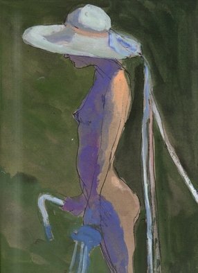 Harry Weisburd: 'NUDE IN WHITE HAT WITH RIBBONS', 1983 Watercolor, nudes.  Watercolor painting n paper, 9 inches wide X 12 inches high of Sexy Sensual woman in a bikini , botton only, with a Zebra towl by the pool.ORIGINAL WATERCOLOR PAINTING, PRICE $1500.LIMITED EDITION OF 50, COLOR XEROX PRINT, SIGNED AND NUMBERED BY THE ARTIST, PRICE: $25. 00  UNFRAMEDO...