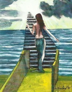 Harry Weisburd: 'STAIRWAY TO HEAVEN 3D b', 2011 Watercolor, Love.   Myths  Realism, Redux Myths,Figurative, love, romance, female, woman,  realistic, erotic, sensual, semi- nudeerotic     ...