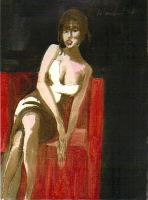 Harry Weisburd: 'WOMAN IN A RED CHAIR', 2007 Watercolor, Erotic.  ORIGINAL PAINTING: WATERCOLOR ON STRETCHED CANVAS, 12 INCHES WIDE X 16 INCHES HIGH. LIMITED EDITION OF 50, XEROX COLOR PRINT, 11 INCHES WIDE X 16 INCHES HIGH, SIGNED AND NUMBERED BY THE ARTIST.$25. 00 EACH. UNFRAMED ...