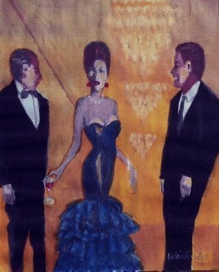 Harry Weisburd: 'Woman In Blue Gown Chandeliers Men', 2015 Watercolor, Figurative. Artist Description:            Woman in sparkling blue gown, at party  with chandeliers and men .    ...