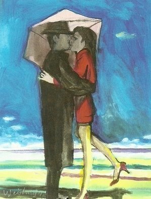 Harry Weisburd: 'Woman In Red Beach Romance  3D', 2011 Watercolor, Love.   Love, Romance, Realism, Figurative, woman, man, female, male. beach, ocean, sand, sea  3D                                        ...