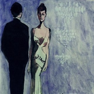 Harry Weisburd: 'Woman In White Cut Out Sides Gown ', 2015 Watercolor, Figurative.                   Woman in White cut out sides gown with man and chandeliers, love and romance.       ...