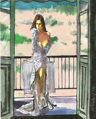 Artist: Harry Weisburd - Title: Woman in Blue Print Dress on Balcony - Medium: Watercolor - Year: 2010
