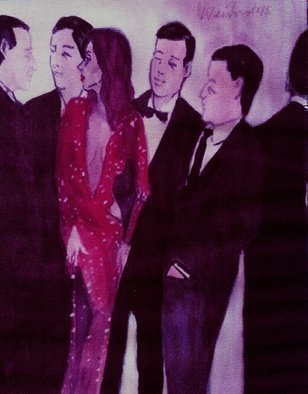 Harry Weisburd: 'Woman in Sparkling Red Dress with Men ', 2015 Watercolor, Figurative.          Woman in sparkling red dress at a party with men  seeking love and  romance.  ...