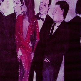 Woman in Sparkling Red Dress with Men 