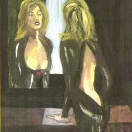 Woman looking in mirror with Backless Black Silk Dress By Harry Weisburd