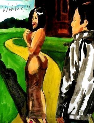 Harry Weisburd: 'follow the yellow brick road', 2018 Watercolor, Love. Woman in long dress walks on yellow path with man watching ...