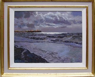 David Welsh: 'Brighton Pier', 2009 Oil Painting, Beach.  Grey, dark, clouds, strom, dramatic, stormy light,  fun- fare, lights, Palace Pier, West Pier ...