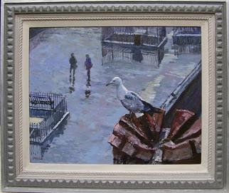 David Welsh: 'Gulls Eye View', 2012 Oil Painting, Animals.   oil painting of gulls, paintings of birds, bird paintings, painting of a seagull, seagull, gull, chimney, chimneypot, painting of gull, London, Temple, Temple Tube, Temple Station, mauves, blues ...