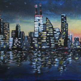 Wendy Goerl: 'Twitown', 2014 Acrylic Painting, Scenic. Artist Description:  Tthough the central building is vaguely based on the John Hancock Center, I've made no attempt do depict a particular skyline. Gallery- wrap canvas painted all around for frameless display. ...