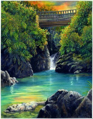 Deborah Wilson: 'the crossing', 2015 Watercolor, Landscape. Waterfall along the Road to Hana on Maui, Hawaii...