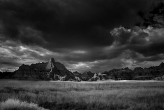 George Wilson: 'Approaching Storm ', 2016 Black and White Photograph, Landscape.  Infrared Black and White Landscape at Vulture Peak, Badlands National Park, SD - printed on a 1/ 16 aluminum sheet and mounted with a metal easel or float mount so they are ready to display as soon as they arrive...