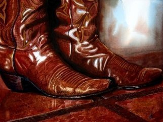 Wm Kelly Bailey: 'Comfortable Old Faithfuls', 2009 Watercolor, Still Life.  I painted this piece for a charity show that will benefit kids with cancer at M. D. Anderson Cancer Center in Houston, TX. ( Boots to Heal) These boots were like a pair I wore at a friend' s ranch in Arizona as a boy. There' s no footwear...