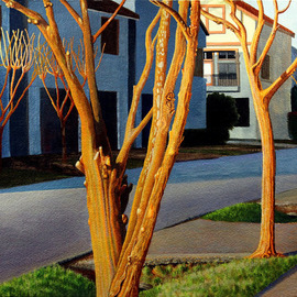 Wm Kelly Bailey: 'Knotty Naked Crepes', 2017 Acrylic Painting, Landscape. Artist Description: Acrylic painting on Arches 300 lb. , 100 percent Cotton Rag watercolor paper.  An early morning, early spring scene in Houston, Texas.  Painting is float mounted, matted and framed with a custom, professionally handmade, solid wood frame, finished to complement the colors in the painting. ...