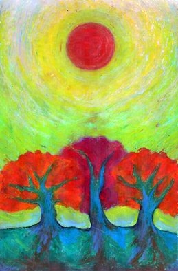 Wojtek Kowalski: 'three suns', 2002 Pastel, Surrealism. colour, energy, joy, naive, nature, primitive, psychedelic, surrealism, symbolism, tree, earth, abstract, magical, sun, sunlight, light, colorful, vibrance, vibrant, warm, different, unusual, creativity, another, lucid, animated, other, very, fantastical, spirited, avesome, intense, vivid, emotion, light...