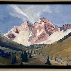 Henry Woody Lindenmeyr: 'maroon bells', 2002 Oil Painting, Mountains. Artist Description: The iconic Maroon Bells from the Aspen side rendered with a contemporary flare, in oil on canvas and framed with a simple black frame. This was inspired in the spring after climbing and alpine skiing the  Bell Chord  couloir, flossed between the North and South Bells   ...
