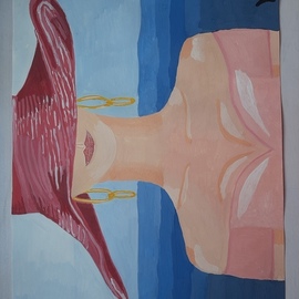 Yana Syskova: 'lady in pink hat on the beach', 2020 Other Painting, Portrait. Artist Description: This gouache painting depicts a young woman in a pink wide hat with golden chain earrings and wearing an off- shoulder dress.  It can be seen the blue sea behind the woman.  Gouache on paper.  The painting will be carefully rolled up, put in a cello sleeve, rolled ...