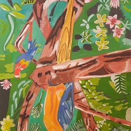 Yana Syskova: 'parrots in rainforest', 2020 Other Painting, Birds. Artist Description: Gouache on paper. ...
