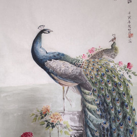 Qinghe Yang: 'peacock chinese painting', 2022 Ink Painting, Birds. Artist Description: Complete Hand - painting wich use ink colourand water on ShengXuan paper. The details is clear that you can see each tail s feather. The ShengXuan paper can be hold more than hundred years if you reseeve it carefully. This is special style chinese painting, you can keep it ...