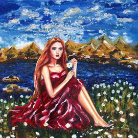 Yelena Rubin: 'Lucky Fortune Flowers', 2012 Oil Painting, Figurative. Artist Description:  He Loves Me, He Loves Me Not - Young girl in a maroon dress pulling daisy petals. Life change every day, empty or plenty and we wonder how is turns out.Every artwork is done using the best grade paints and materials giving you beautiful paintings with textured, ...