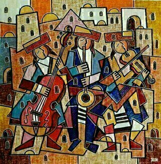 Yosef Reznikov: 'musicians in zfat', 2018 Mixed Media, Judaic.  Klezmer  comes from the phrase      Kli- zemr , meaning Hebrew for  musical instrument.  Later, Jewish folk musicians were called klezmeri. For the most part, klezmers gathered in vagrant ensembles  chapels , consisting of a small number of musicians - from three to five - and played at various festivals: weddings, barmitsvah  the boy s...